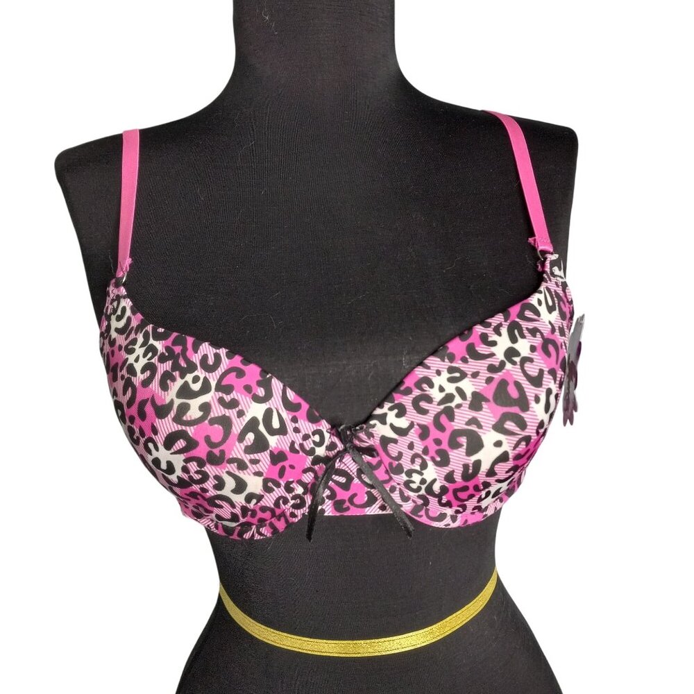 Inteco Intimates Bra 34C Pink Black Leopard Print Adjustable Straps Lingerie NEW